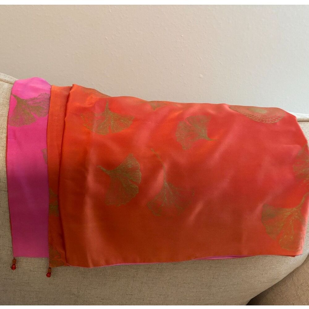 Reversible  Pink Orange Ginko Silk Scarf  Wrap 20" x 72"with Bead Edge - Picture 2 of 3